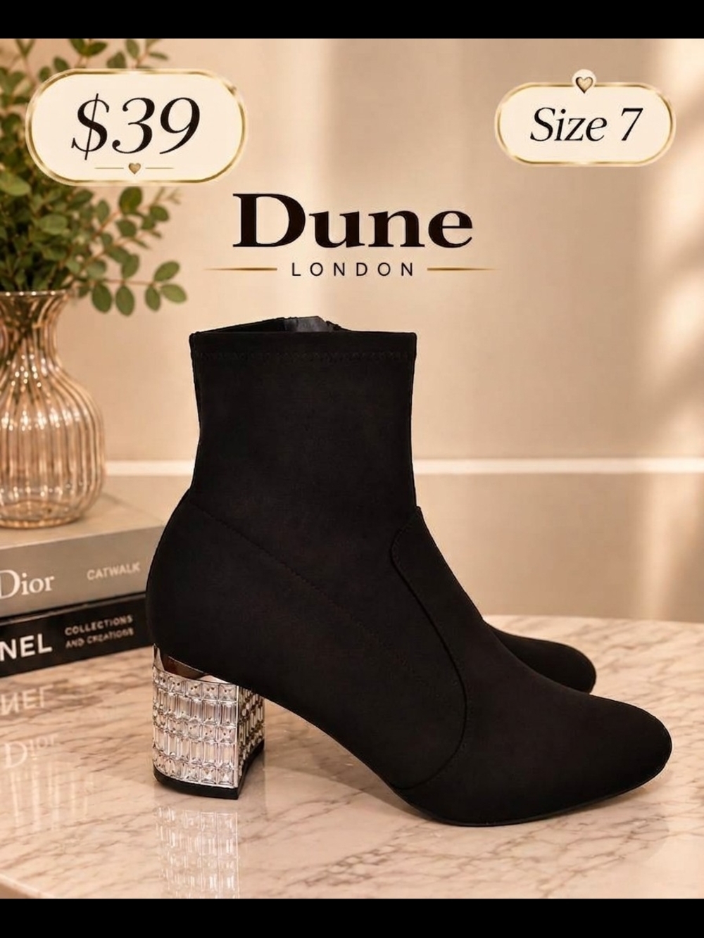 Dune London Black Ankle Booties with Crystal-Embellished Block Heel